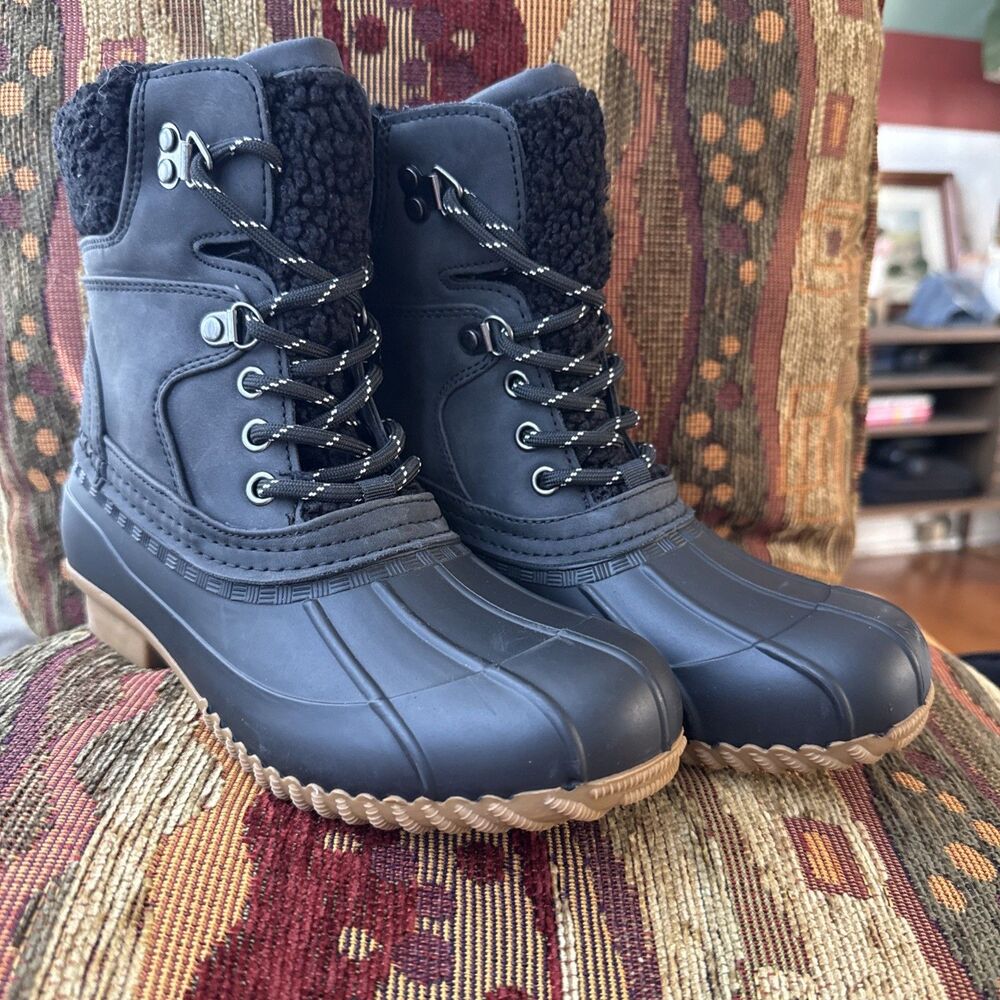 Tommy Hilfiger Rainah Womens 6 M Shearling Trimmed Duck Boots Black Water NWOT